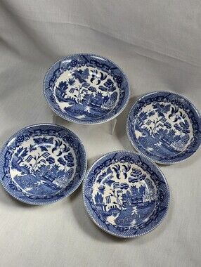 Set 4 VTG Japanese Blue Willow 5" Berry Bowls Floral Transferware China Retro